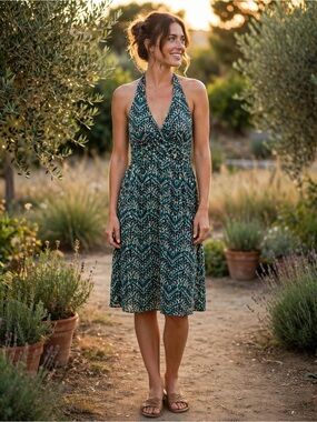 Vintage Y2K Faith Pasion Halter Dress Size M | Teal Brown Print Twist Front